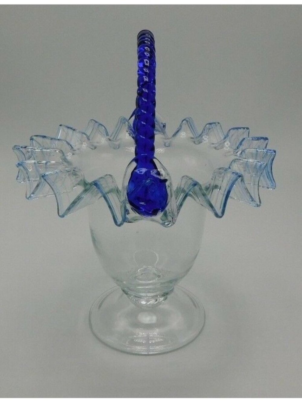 Hand Blown Art Glass Basket Blue Twisted Handle Ruffled Edge Clear Pedestal